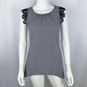 CAbi XS Blue White Stripe Sleeveless Lace Blouse Top